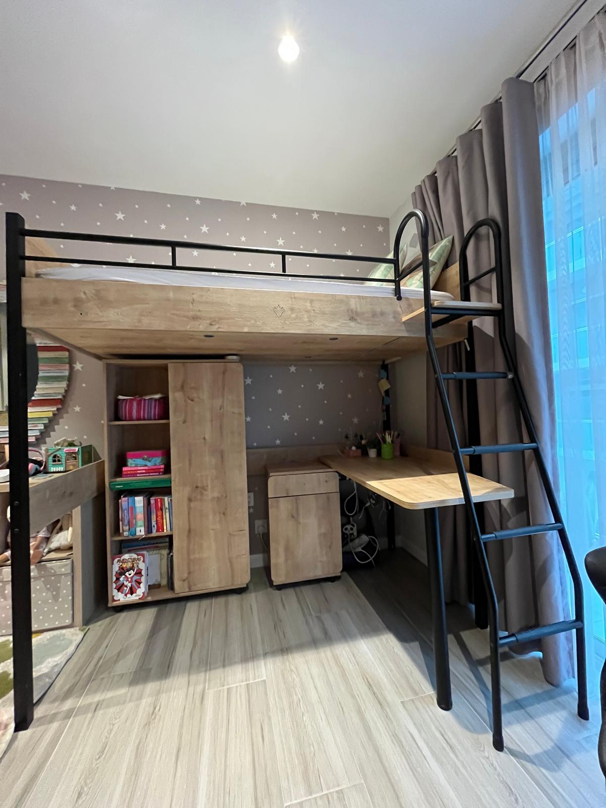 Bed, Mattress, Shelves and Study Desk