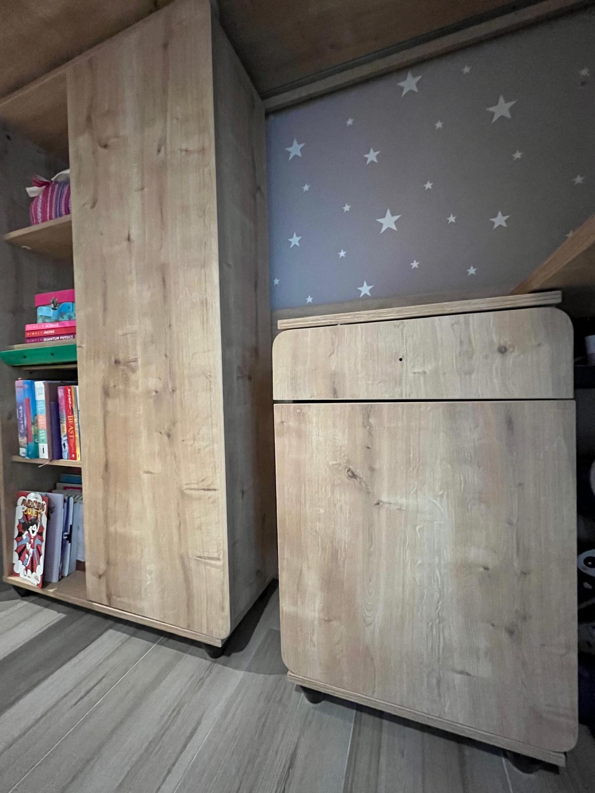 Bed, Mattress, Shelves and Study Desk
