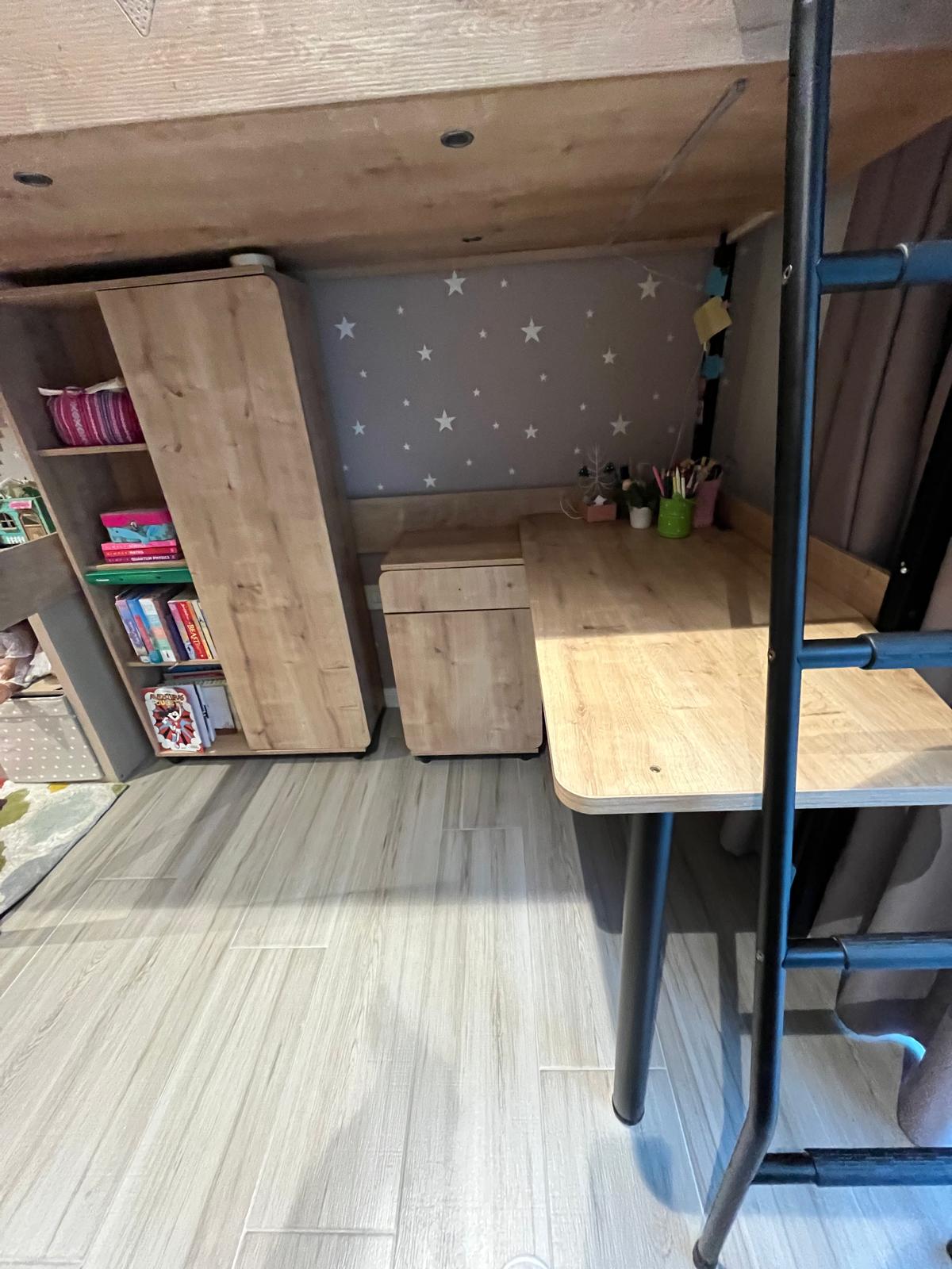 Bed, Mattress, Shelves and Study Desk