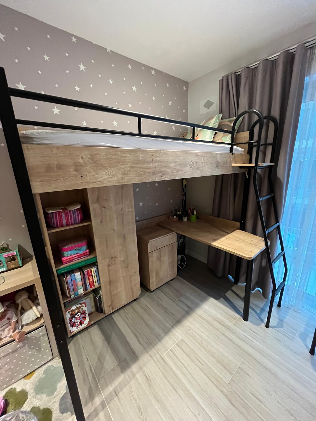 Bed, Mattress, Shelves and Study Desk