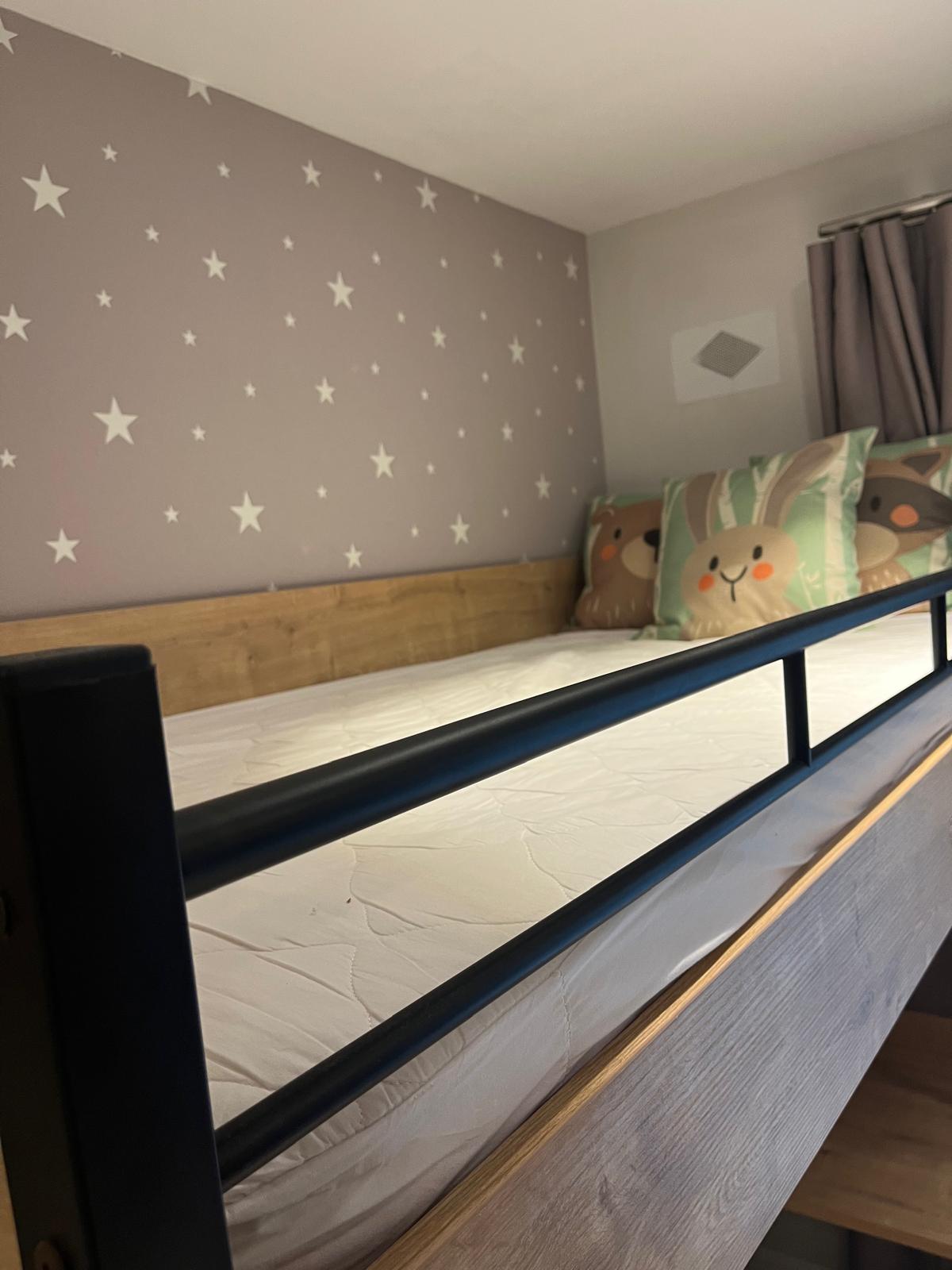 Bed, Mattress, Shelves and Study Desk