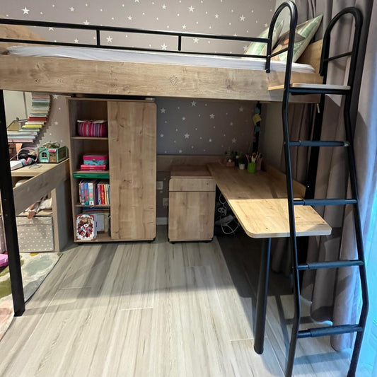 Bed, Mattress, Shelves and Study Desk